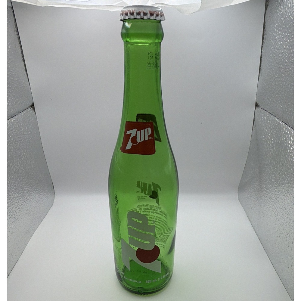 7UP Green Glass Soda Bottle Advertising Collectible w/ Original 7UP Cap